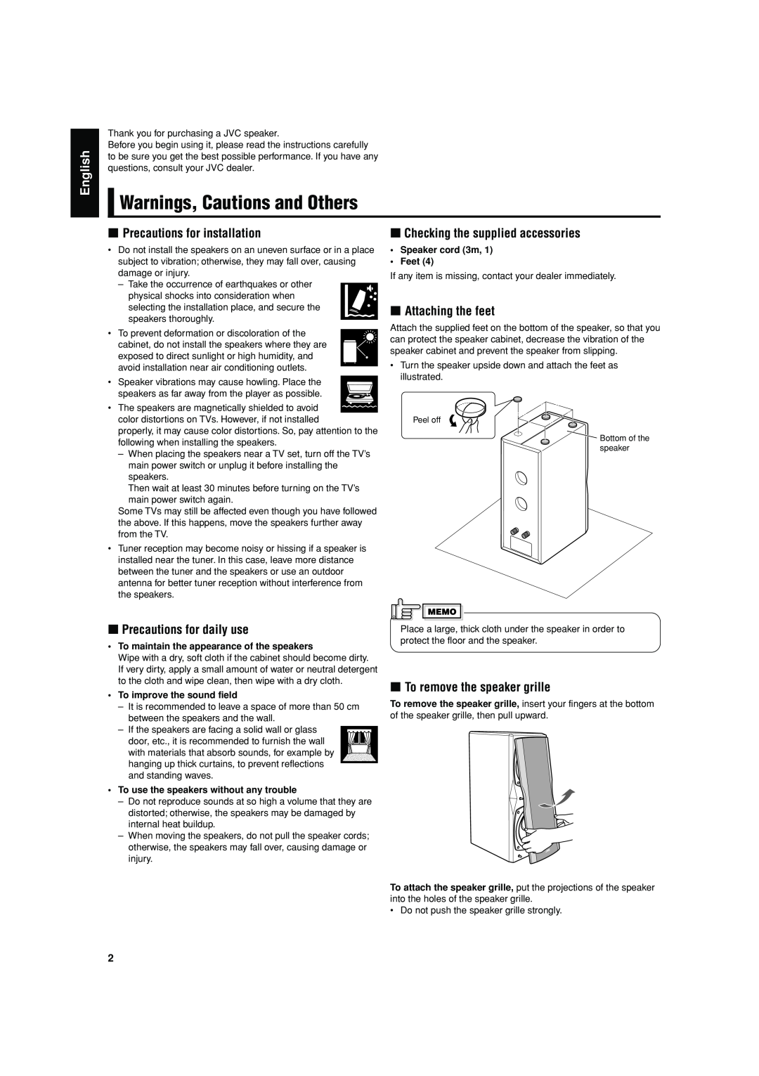 JVC SX-LC33 Warnings, Cautions and Others, 7Precautions for installation, 7Precautions for daily use, 7Attaching the feet 
