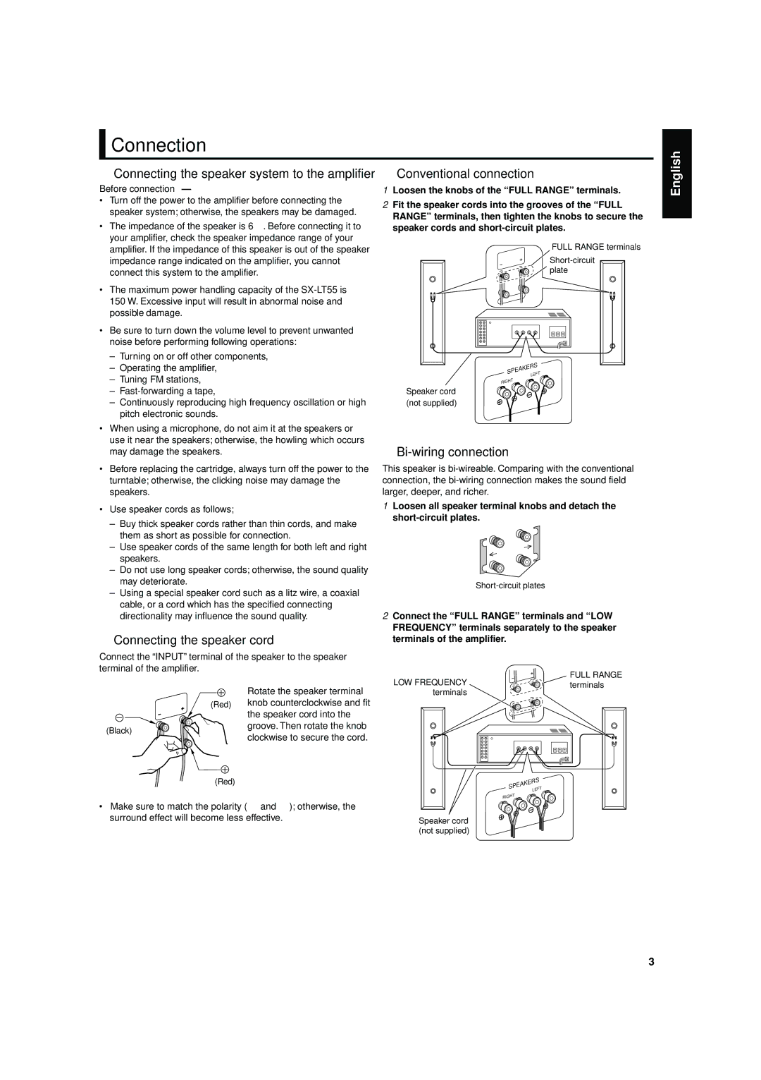 JVC SX-LT55U Connection, Connecting the speaker cord, Conventional connection, Bi-wiring connection, Before connection 