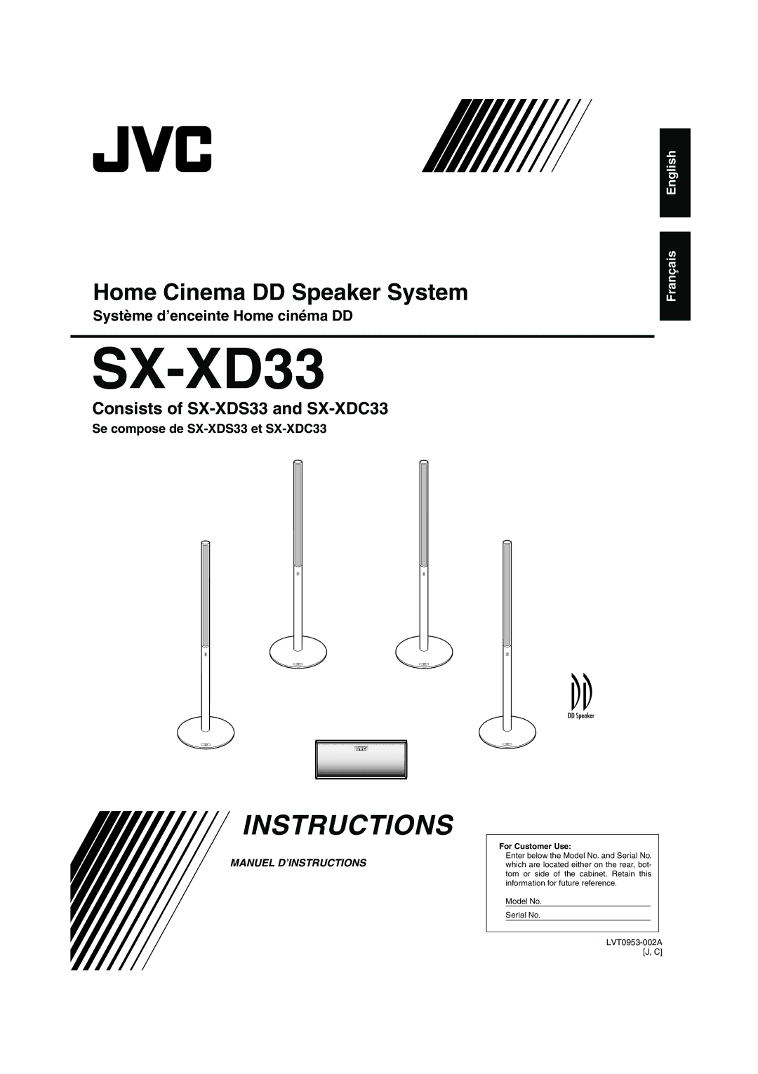 JVC SX-XD33 manual Système d’enceinte Home cinéma DD, Se compose de SX-XDS33 et SX-XDC33 