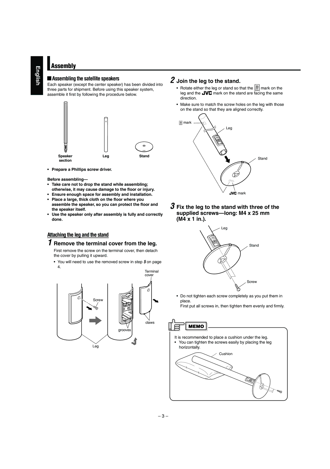 JVC SX-XD33 Assembly, Assembling the satellite speakers Join the leg to the stand, Fix the leg to the stand with three 