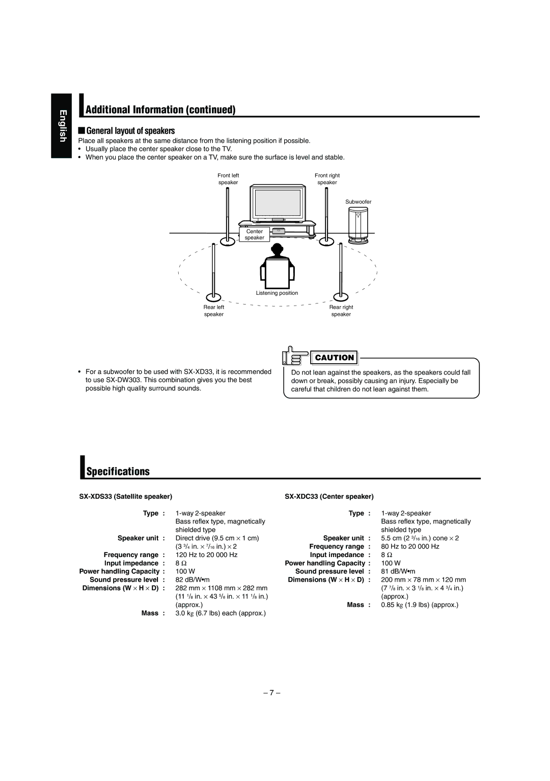 JVC SX-XD33 manual Specifications, General layout of speakers 