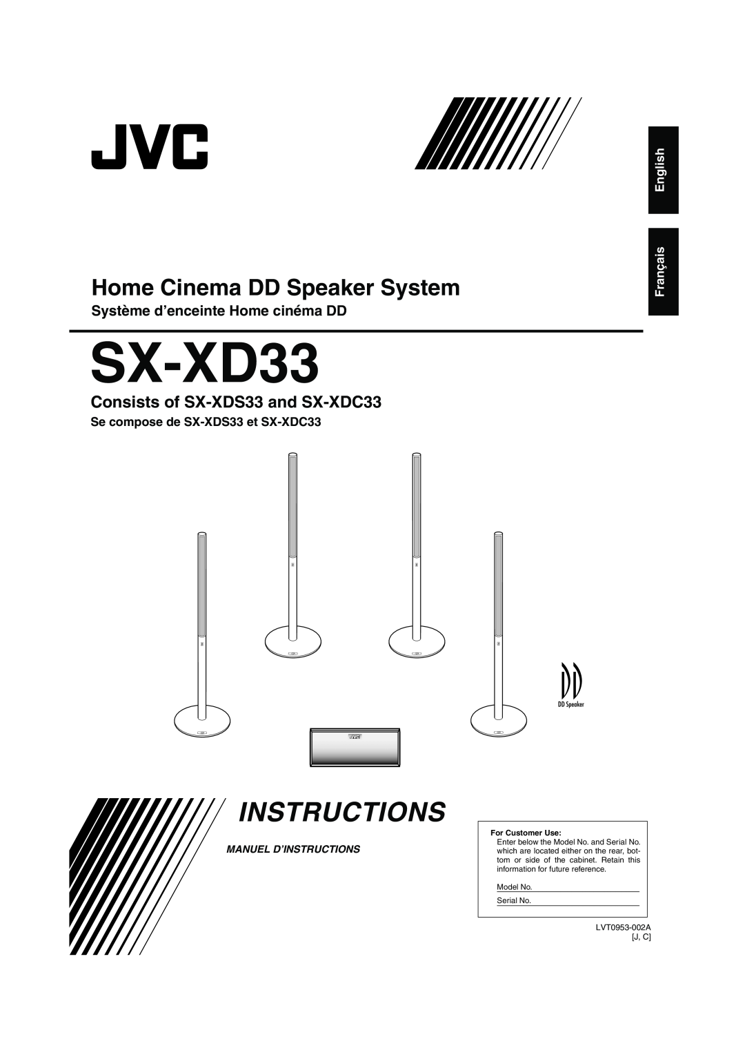 JVC SX-XD33 manual Système d’enceinte Home cinéma DD, Se compose de SX-XDS33 et SX-XDC33, English Français, Instructions 