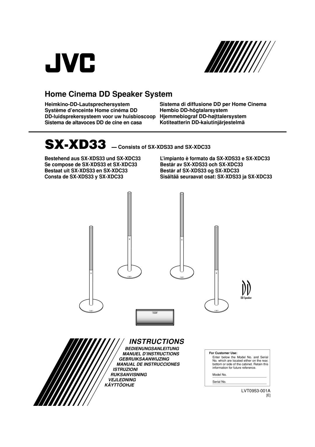 JVC SX-XDS33, SX-XDC33 manual Home Cinema DD Speaker System 