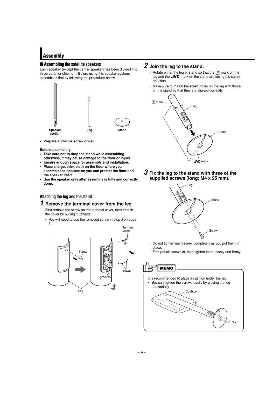 JVC SX-XDC33, SX-XDS33 manual Assembly, Assembling the satellite speakers Join the leg to the stand 