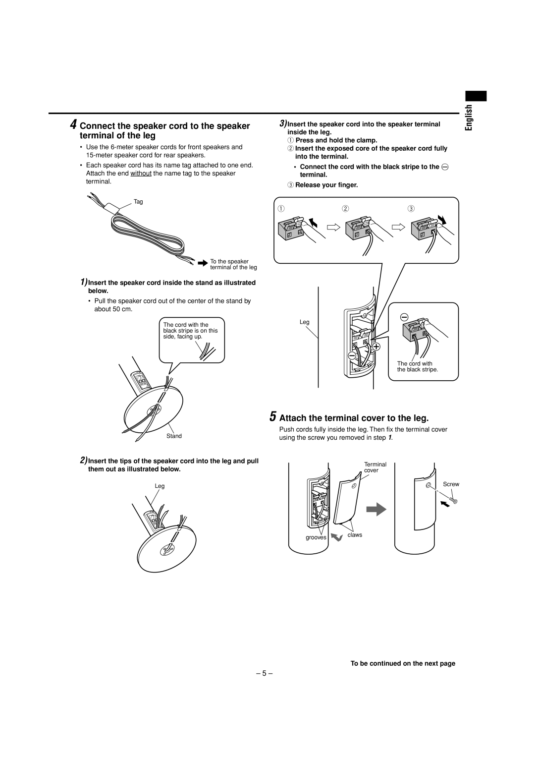 JVC SX-XDS33 Connect the speaker cord to the speaker terminal of the leg, English, Attach the terminal cover to the leg 