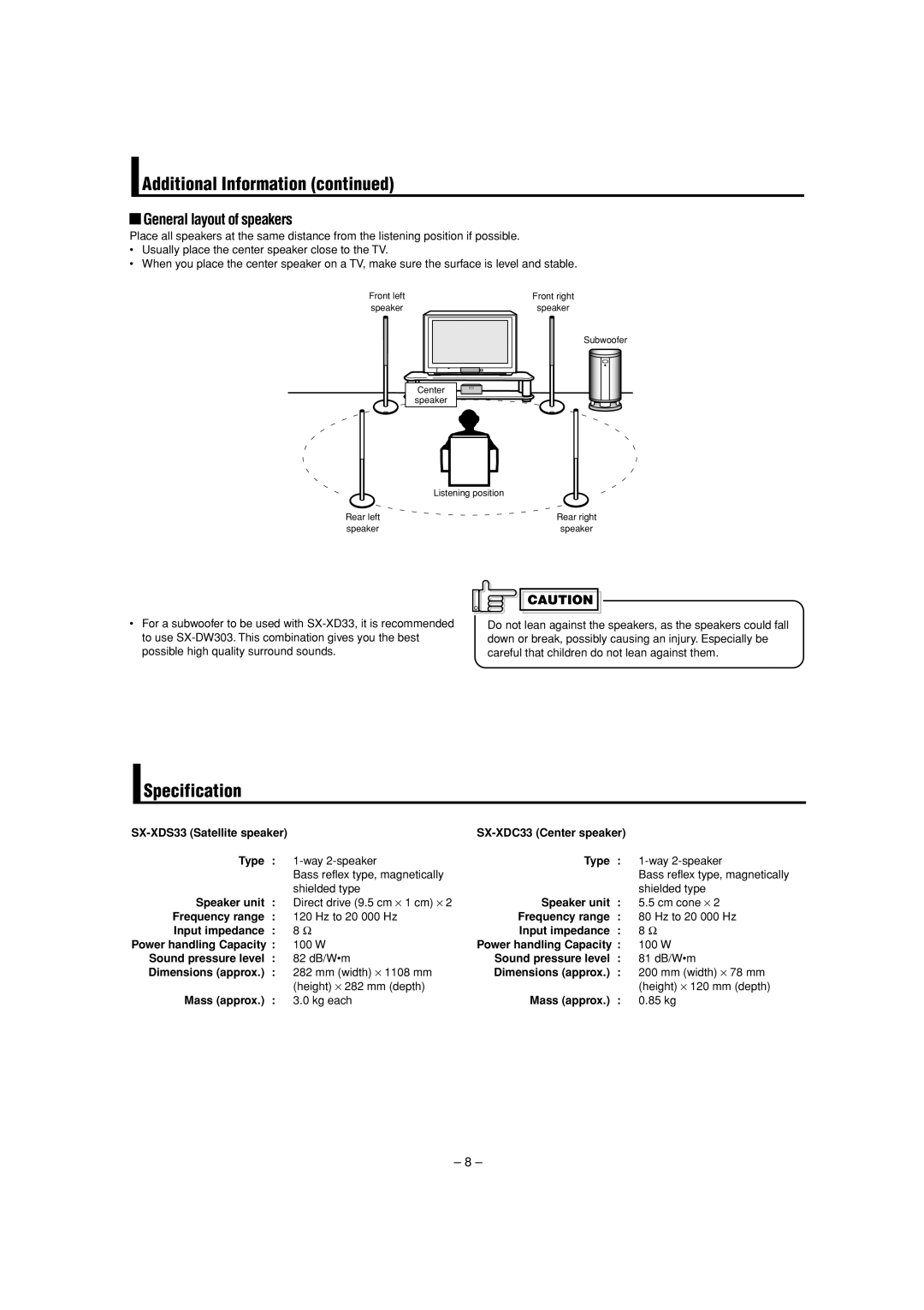 JVC SX-XDC33, SX-XDS33 manual Specification, General layout of speakers 