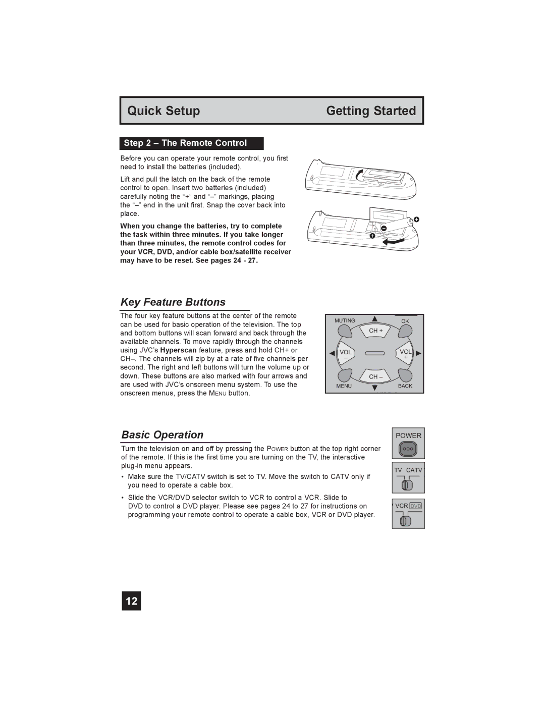 JVC T-26X585, LT-26X575, LT-32X575, LT-32X585 manual Key Feature Buttons, Basic Operation, Remote Control 