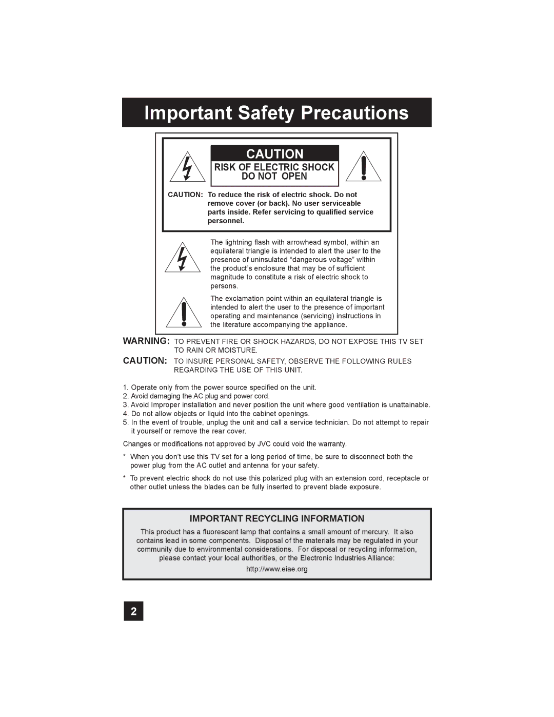 JVC LT-32X575, T-26X585, LT-26X575, LT-32X585 manual Important Safety Precautions, Risk of Electric Shock Do not Open 