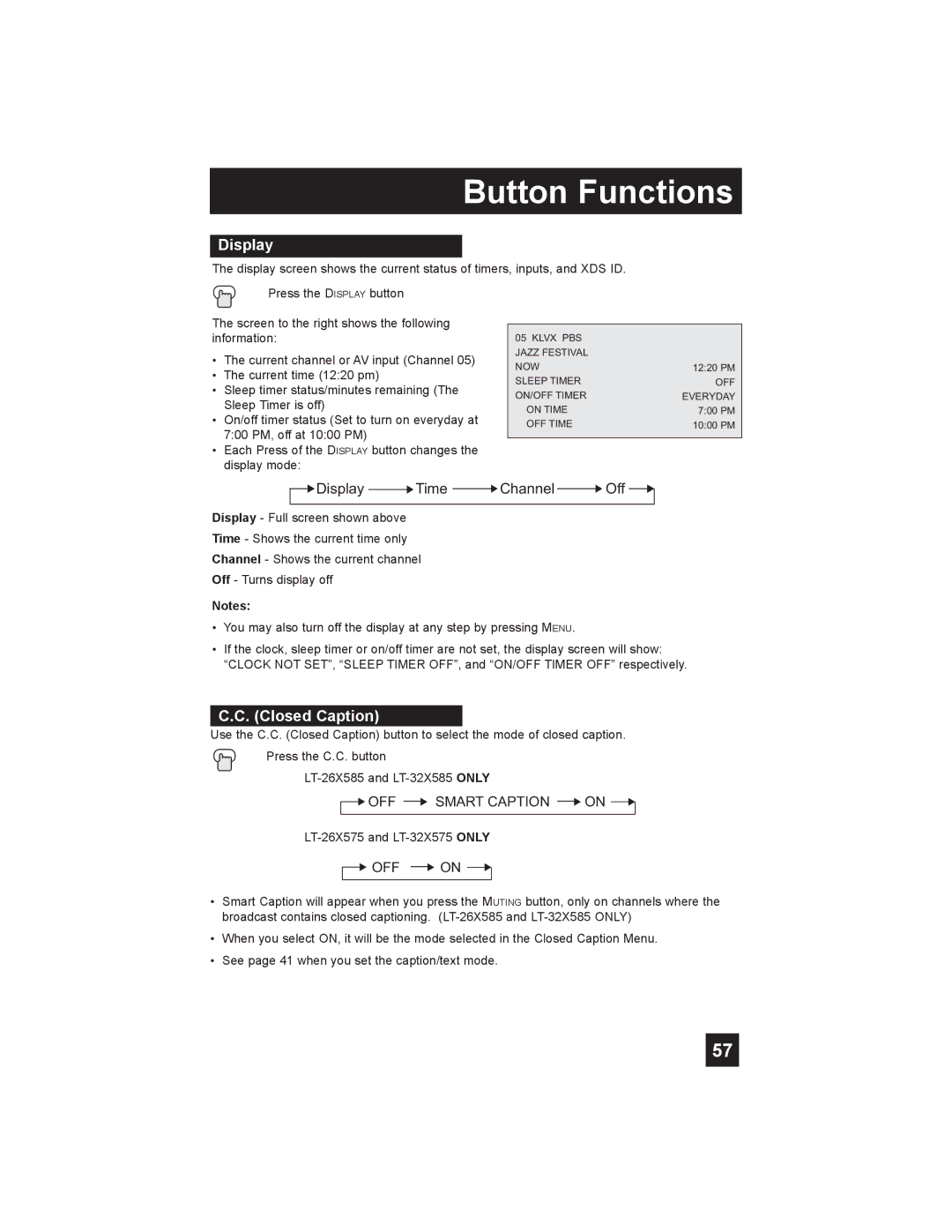 JVC LT-26X575, T-26X585, LT-32X575, LT-32X585 manual Display Time Channel Off 