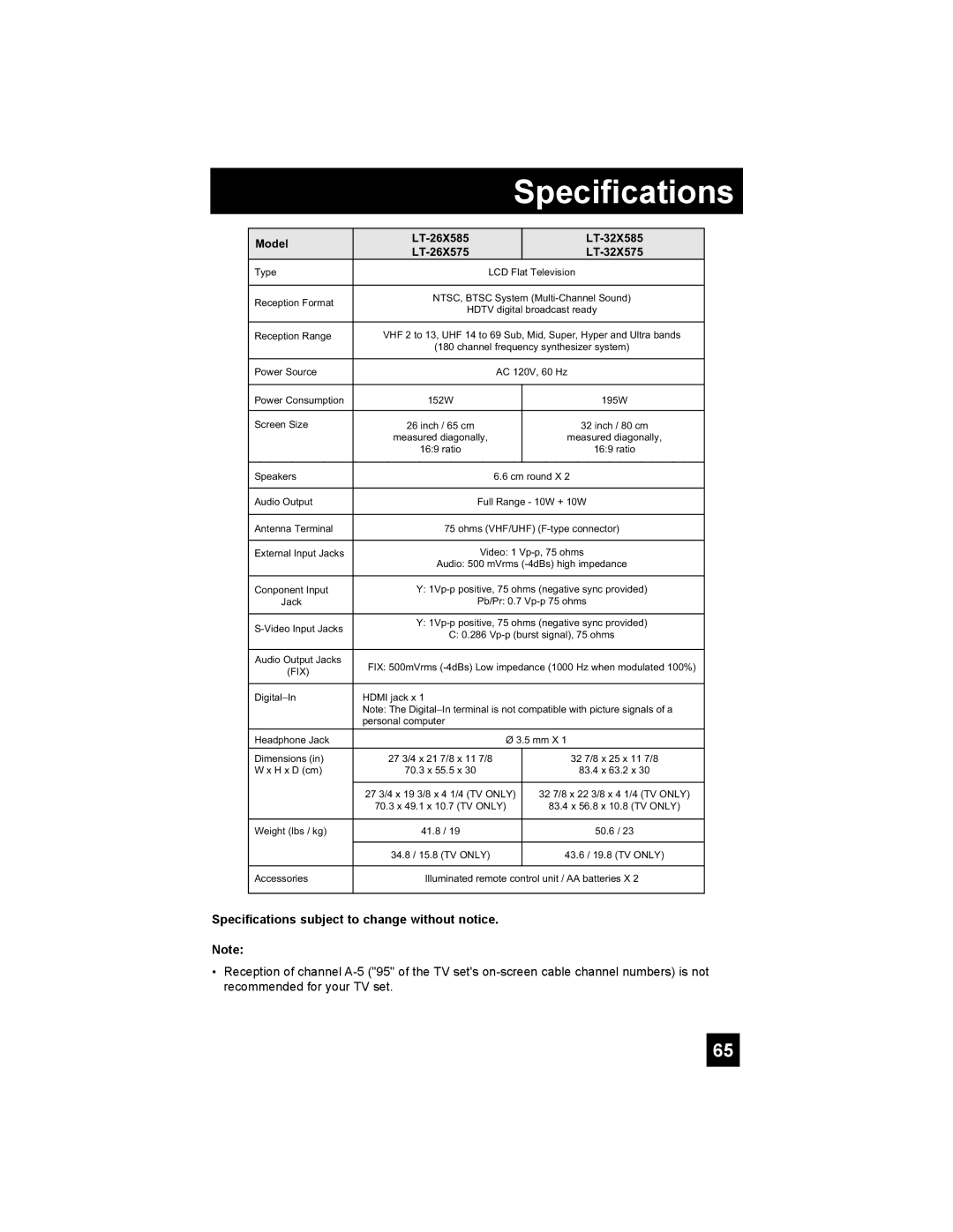 JVC LT-26X575, T-26X585, LT-32X575, LT-32X585 manual Specifications subject to change without notice 