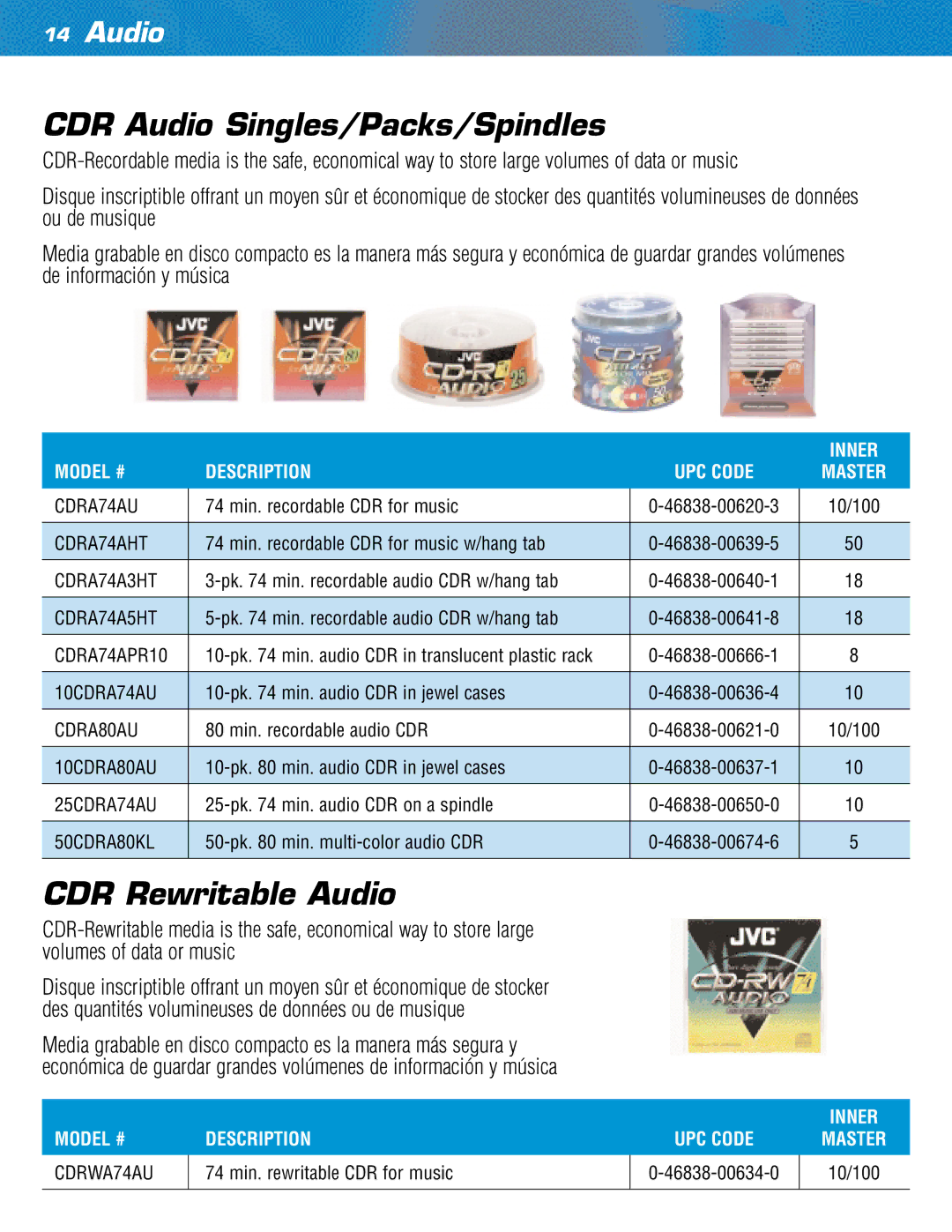 JVC TC35KL3P manual CDR Audio Singles/Packs/Spindles, CDR Rewritable Audio 