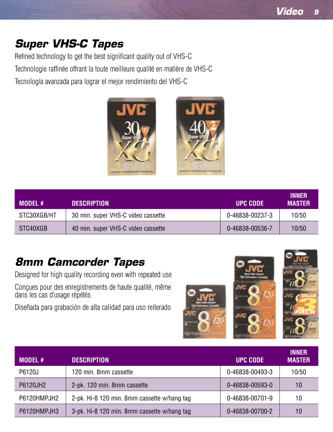 JVC TC35KL3P manual Super VHS-C Tapes, 8mm Camcorder Tapes 