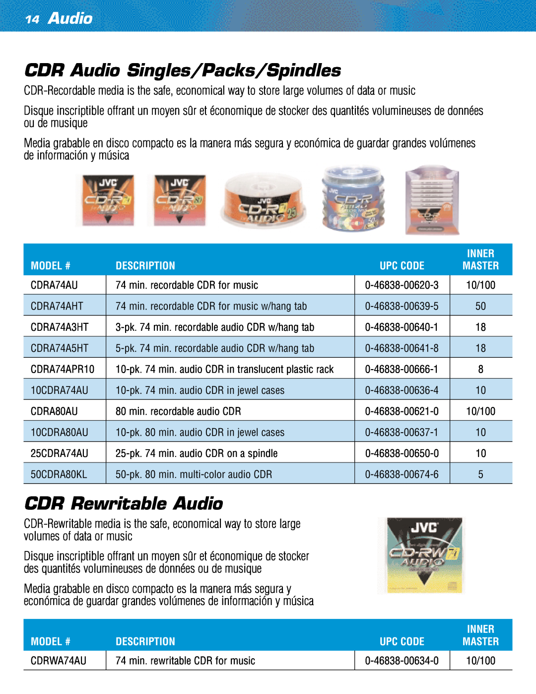 JVC TC35KL3P manual CDR Audio Singles/Packs/Spindles, CDR Rewritable Audio 