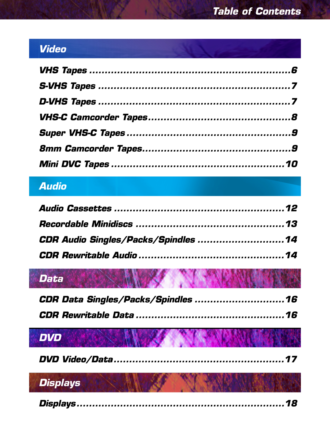 JVC TC35KL3P manual Table of Contents, Video, Audio, Data, Displays 