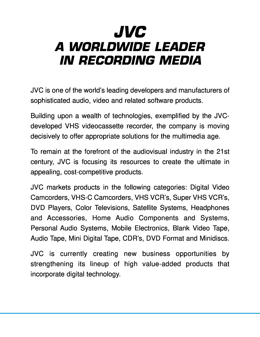 JVC TC35KL3P manual A Worldwide Leader In Recording Media 