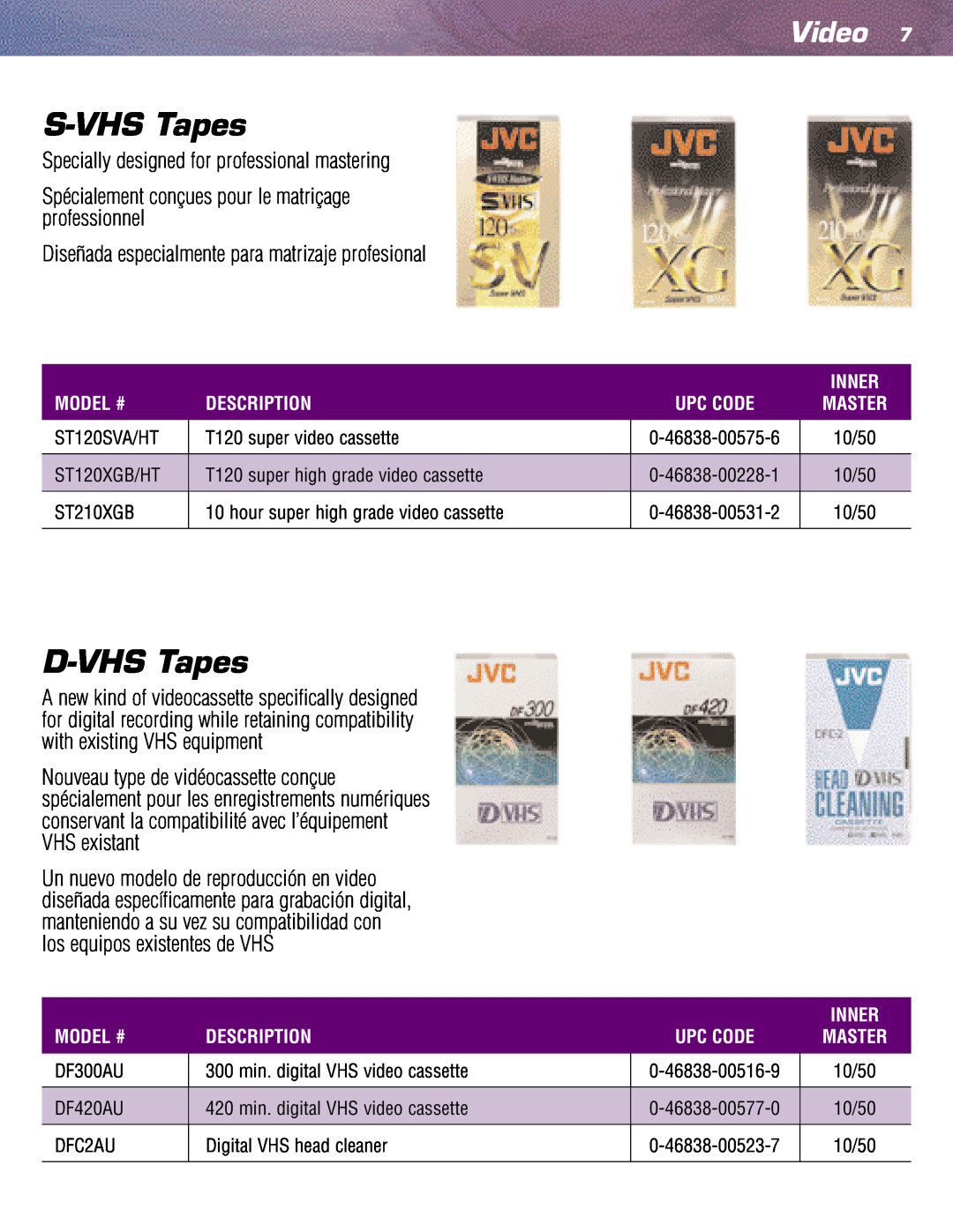 JVC TC35KL3P S-VHS Tapes, D-VHS Tapes, Video, Specially designed for professional mastering, Inner, Model #, Description 