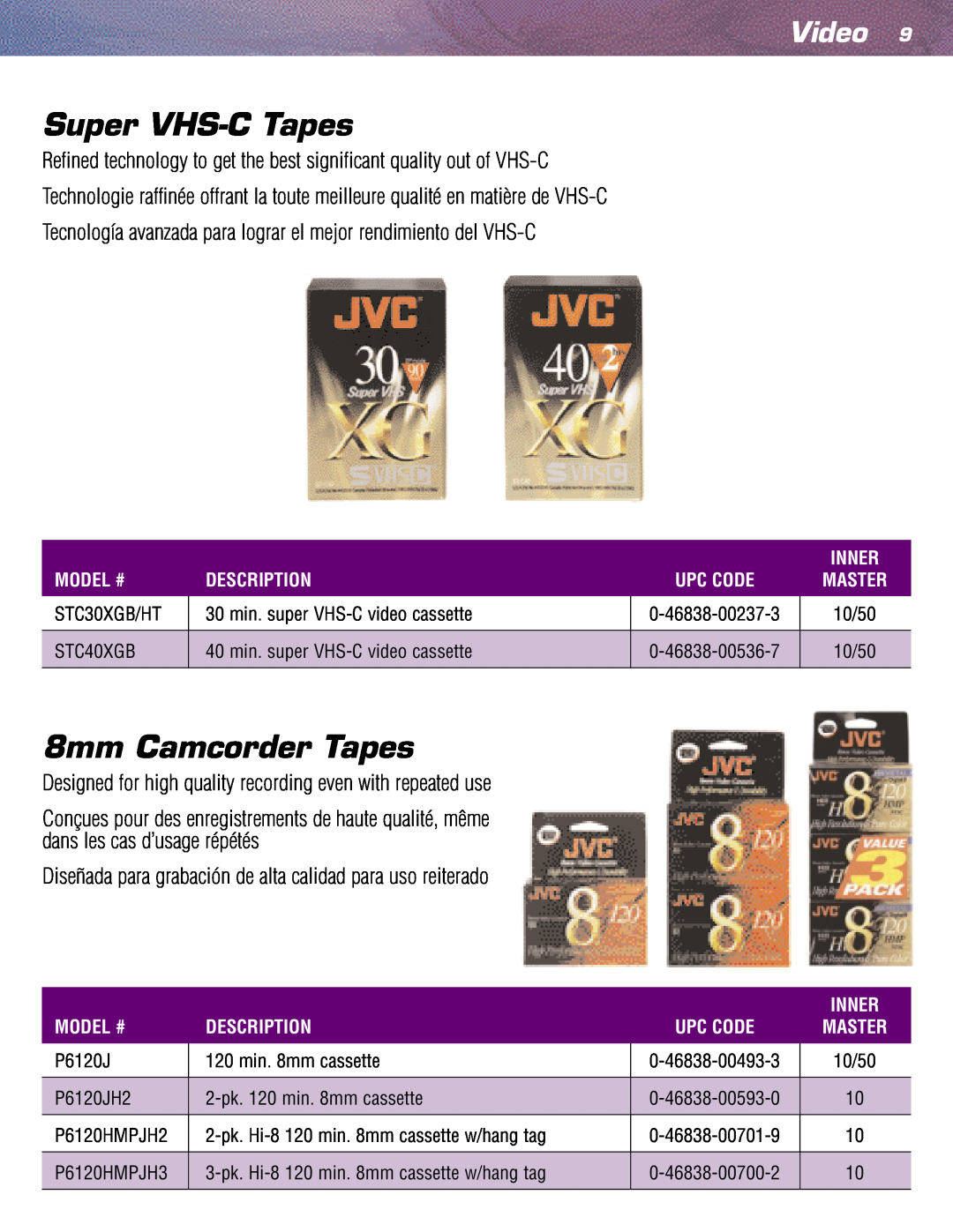 JVC TC35KL3P manual Super VHS-C Tapes, 8mm Camcorder Tapes, Video 
