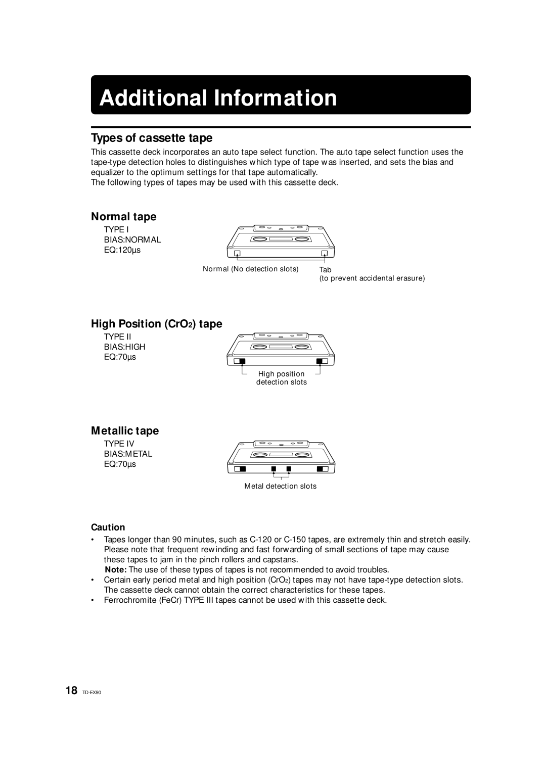 JVC TD-EX90 manual Additional Information, Types of cassette tape, Normal tape, High Position CrO2 tape, Metallic tape 