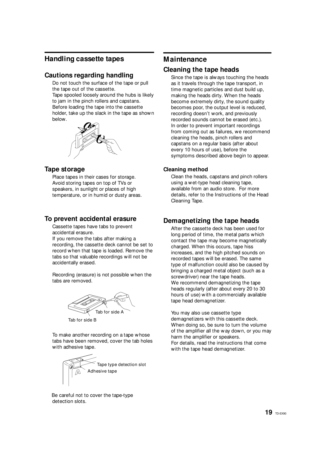 JVC TD-EX90 manual Handling cassette tapes, Maintenance 