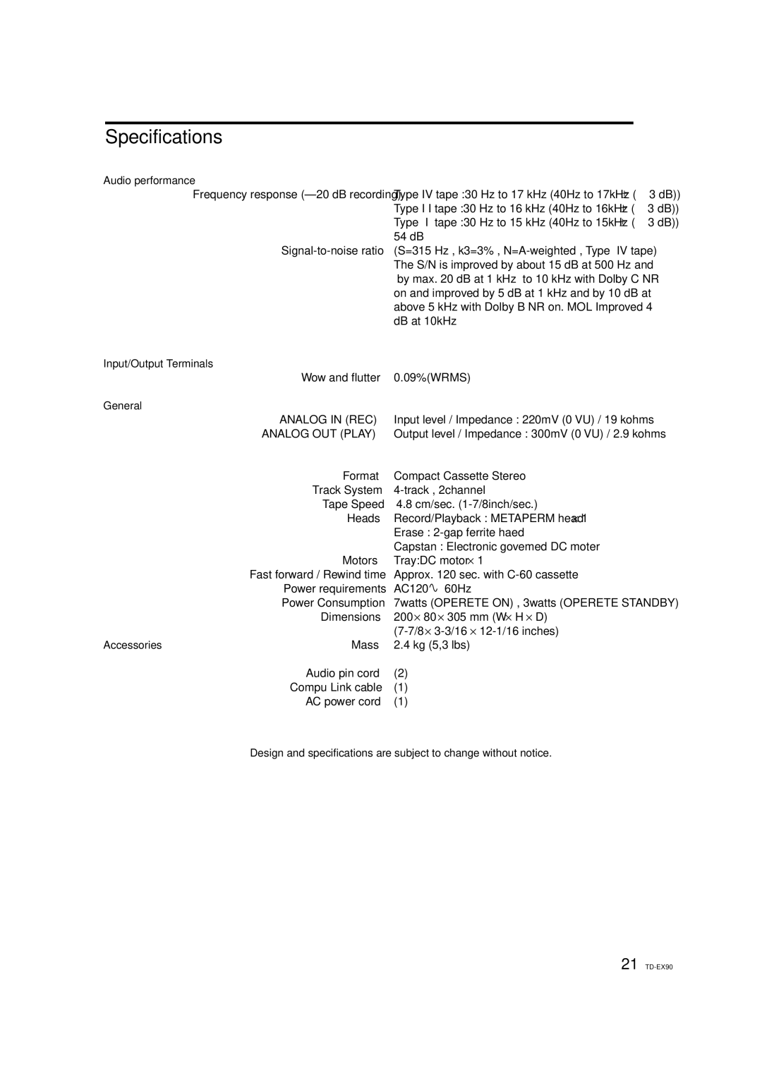 JVC TD-EX90 manual Specifications, Analog OUT Play 