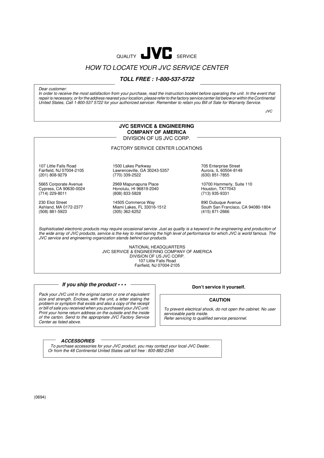 JVC TD-EX90 manual HOW to Locate Your JVC Service Center 