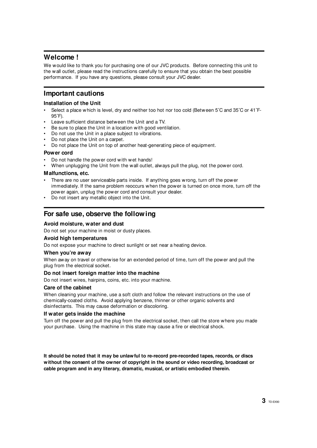 JVC TD-EX90 manual Welcome, Important cautions, For safe use, observe the following 