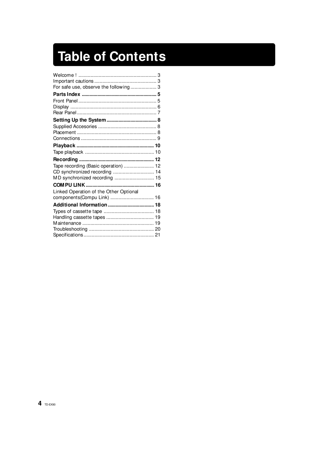 JVC TD-EX90 manual Table of Contents 