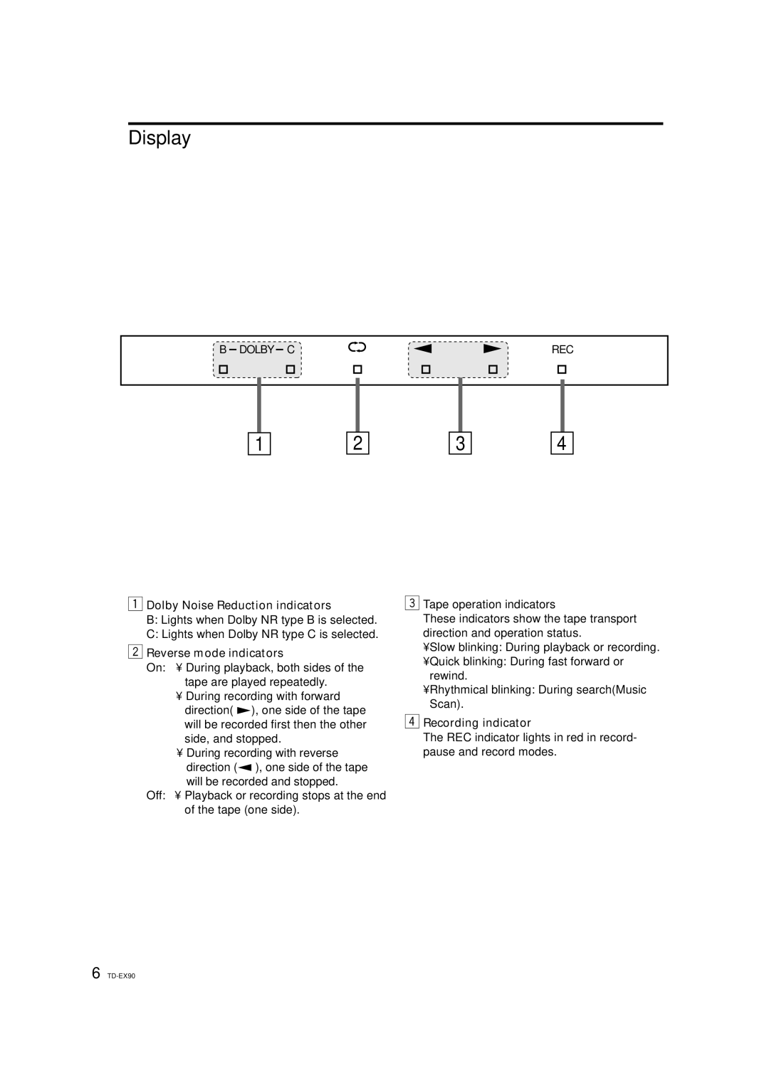JVC TD-EX90 manual Display, Dolby Noise Reduction indicators, Reverse mode indicators, Recording indicator 