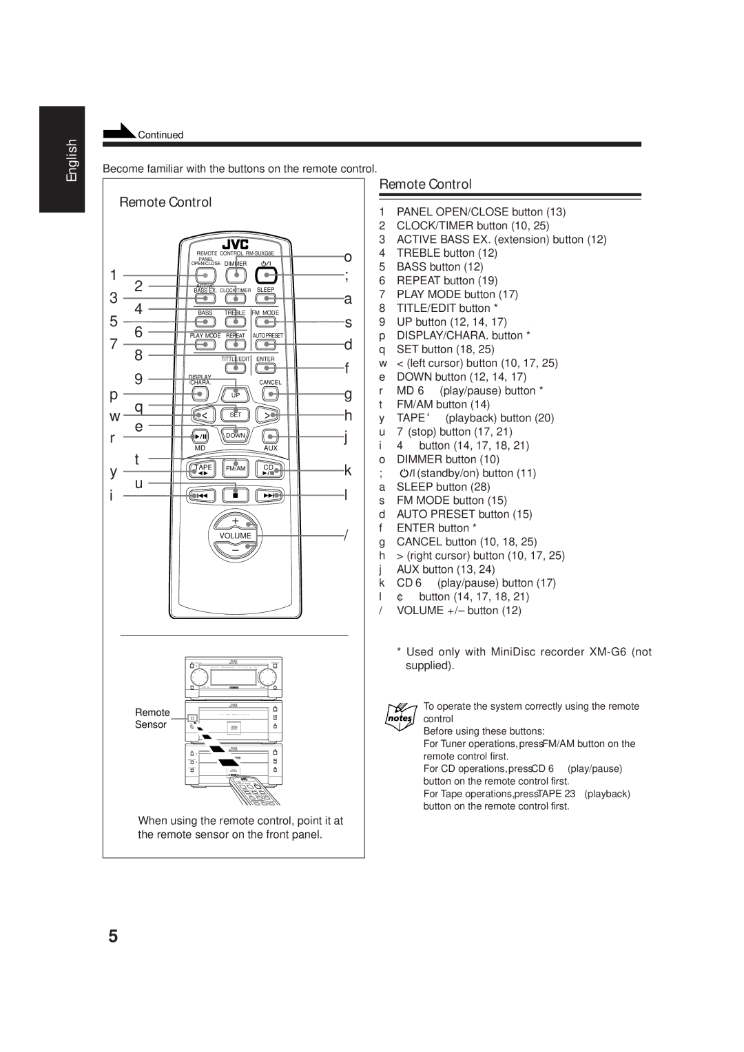 JVC XT-UXG66, TD-UXG66, SP-UXG66, AX-UXG66 manual Remote Control, To operate the system correctly using the remote control 