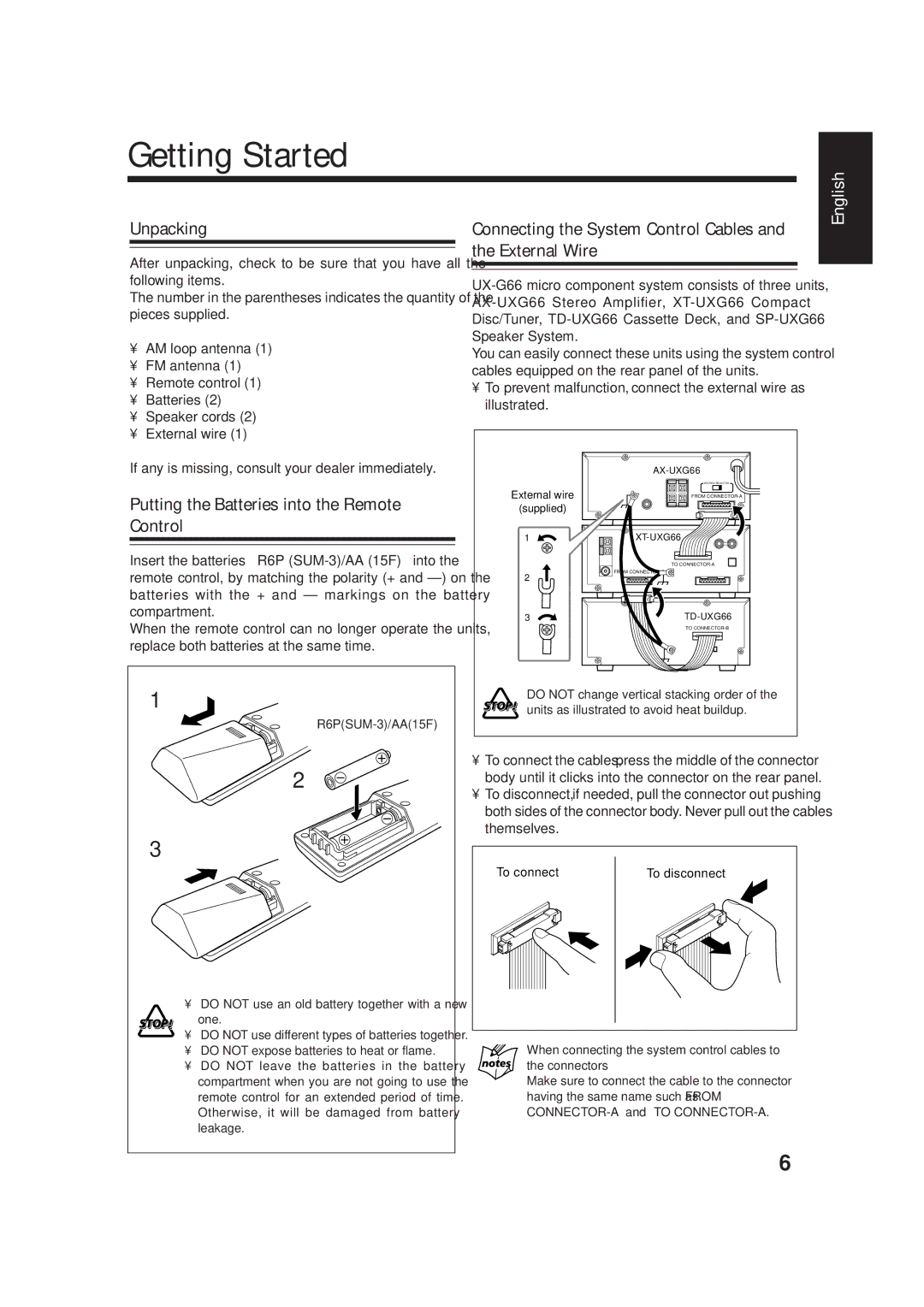 JVC AX-UXG66, TD-UXG66, SP-UXG66 Getting Started, Unpacking, Connecting the System Control Cables and the External Wire 