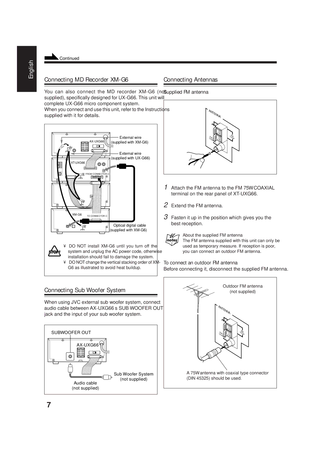 JVC TD-UXG66, SP-UXG66 Connecting MD Recorder XM-G6 Connecting Antennas, Connecting Sub Woofer System, Supplied FM antenna 