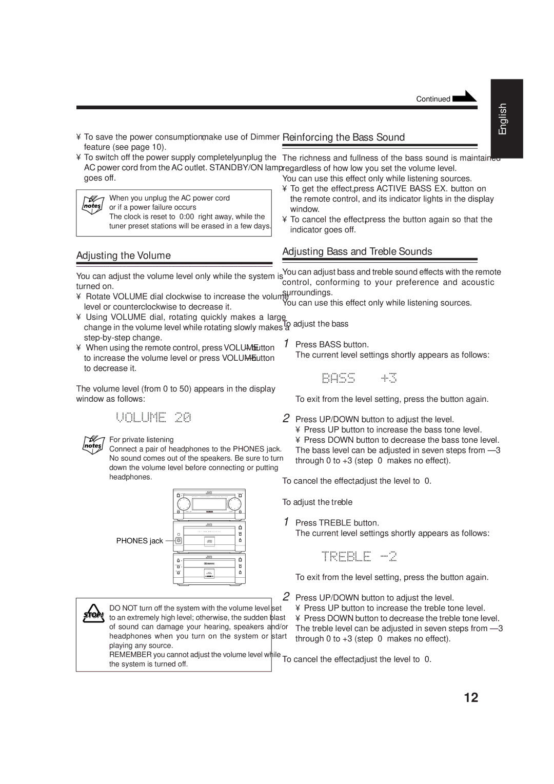 JVC SP-UXG66 manual Reinforcing the Bass Sound, Adjusting the Volume, Adjusting Bass and Treble Sounds, To adjust the bass 