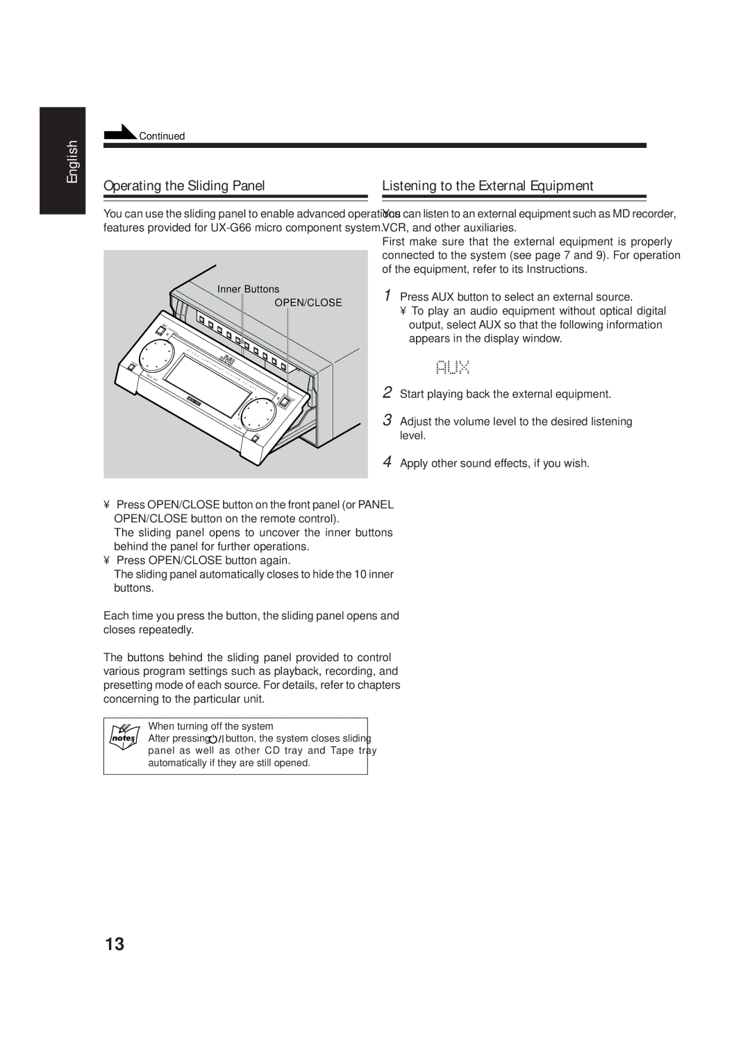 JVC XT-UXG66, TD-UXG66, SP-UXG66, AX-UXG66 manual Press AUX button to select an external source, When turning off the system 