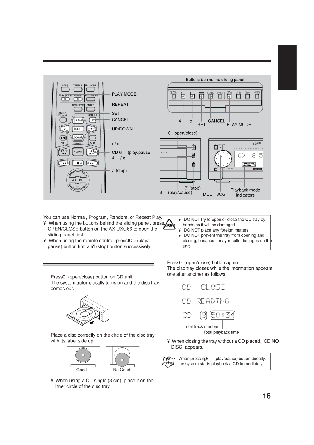 JVC SP-UXG66, TD-UXG66 manual Playing Back a CD, Playing Back the Entire Disc Normal Play, Press 0open/close button again 