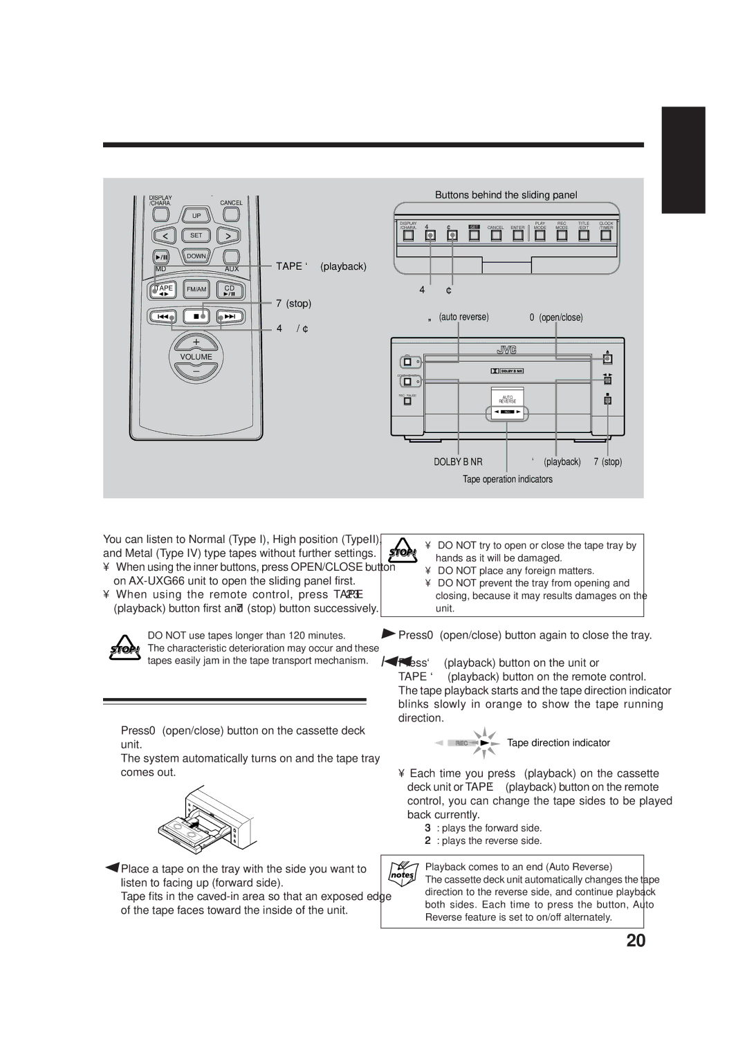 JVC SP-UXG66, TD-UXG66, XT-UXG66, AX-UXG66 manual Playing Back a Tape, Press 0open/close button on the cassette deck unit 