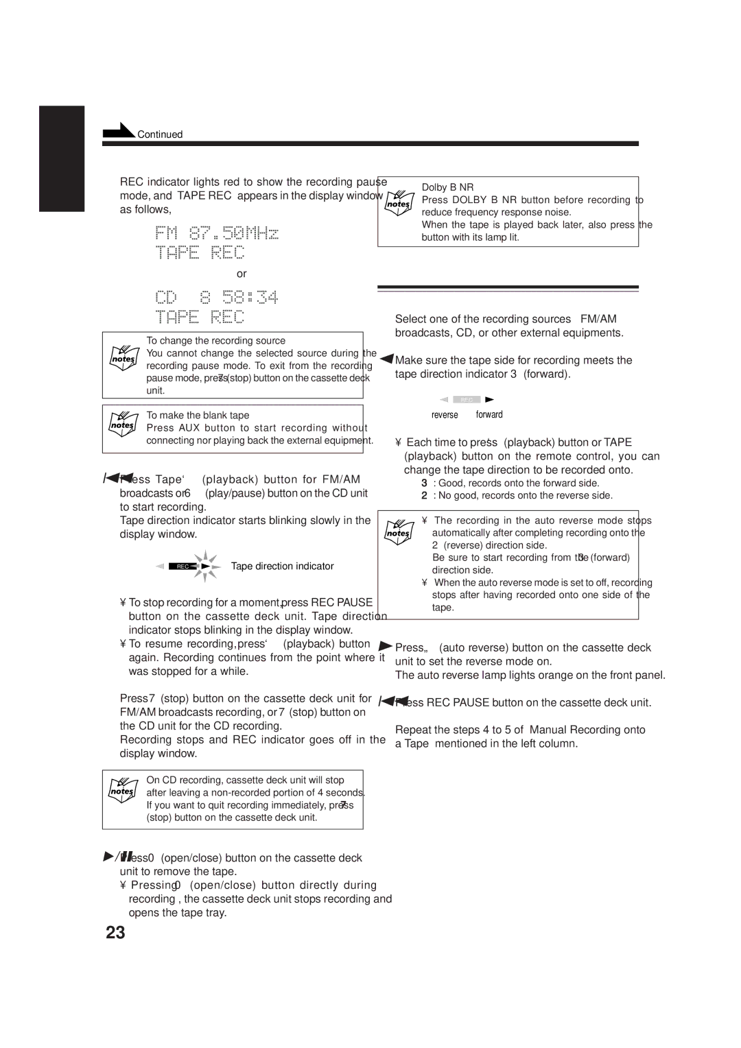 JVC TD-UXG66, SP-UXG66 manual Recording in Auto Reverse, Dolby B NR, To change the recording source, To make the blank tape 