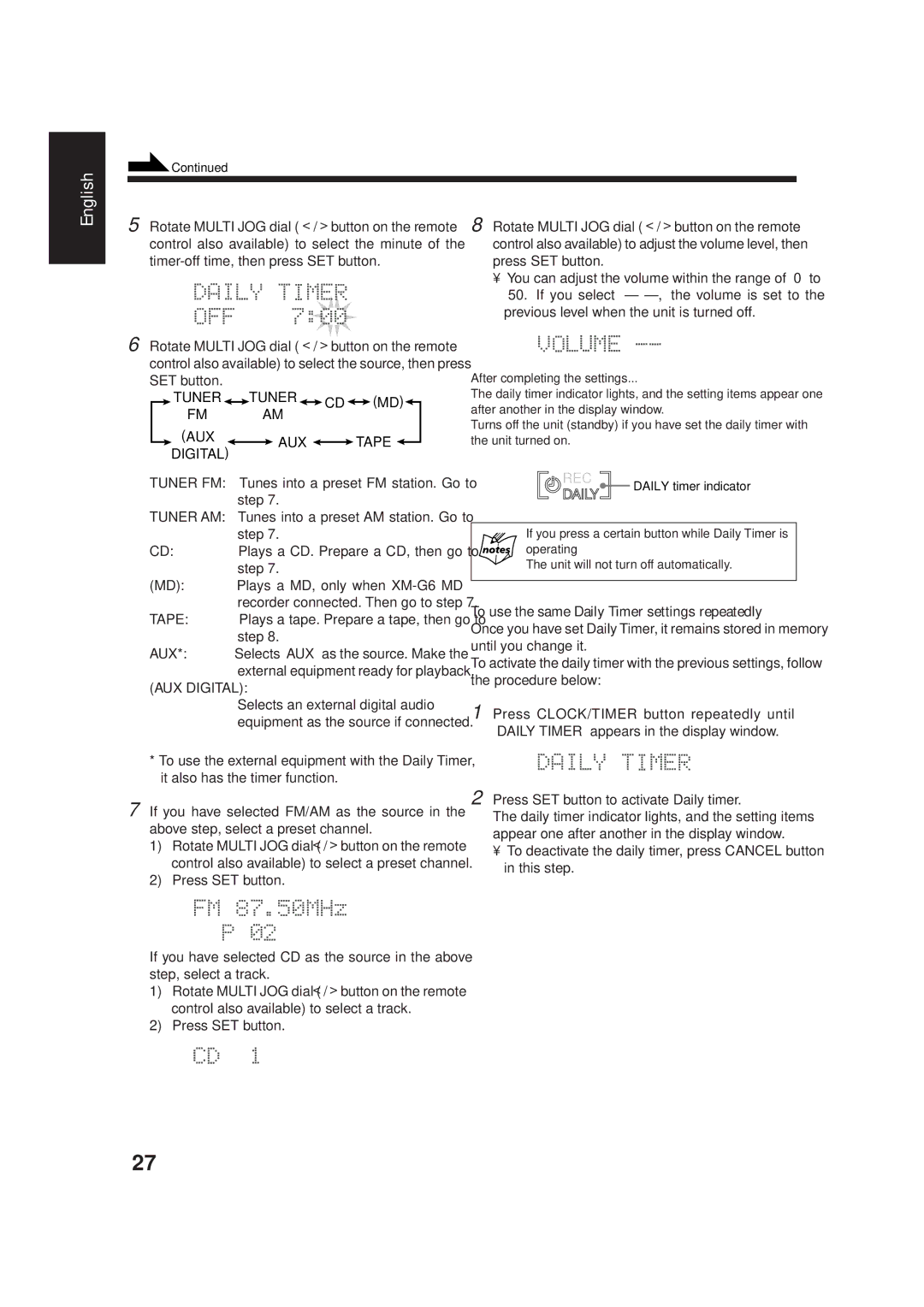 JVC TD-UXG66, SP-UXG66, XT-UXG66 manual To use the same Daily Timer settings repeatedly, Above step, select a preset channel 