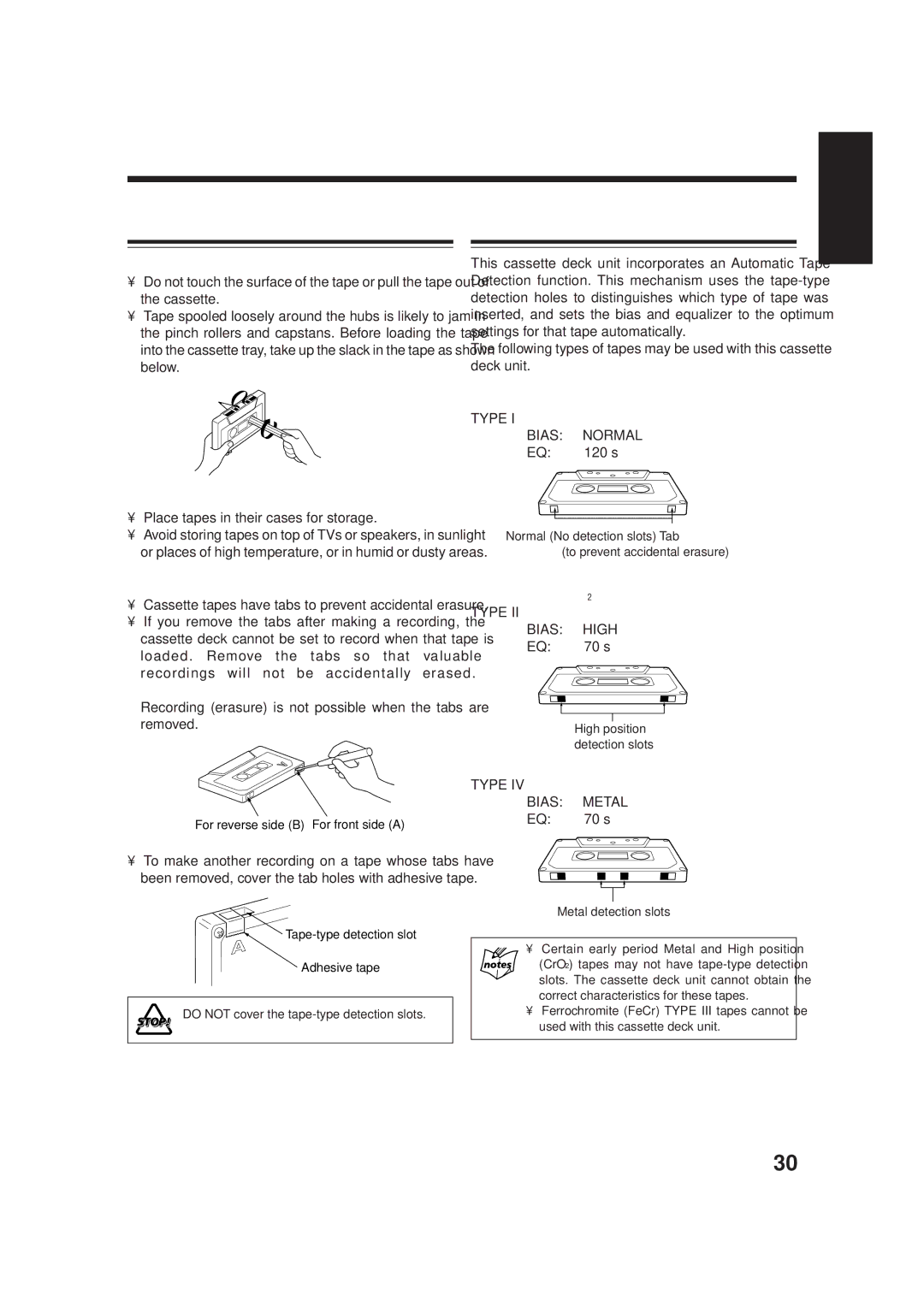 JVC AX-UXG66 Handling Cassette Tapes Types of Cassette Tapes, Normal tape, Tape storage, To prevent accidental erasure 