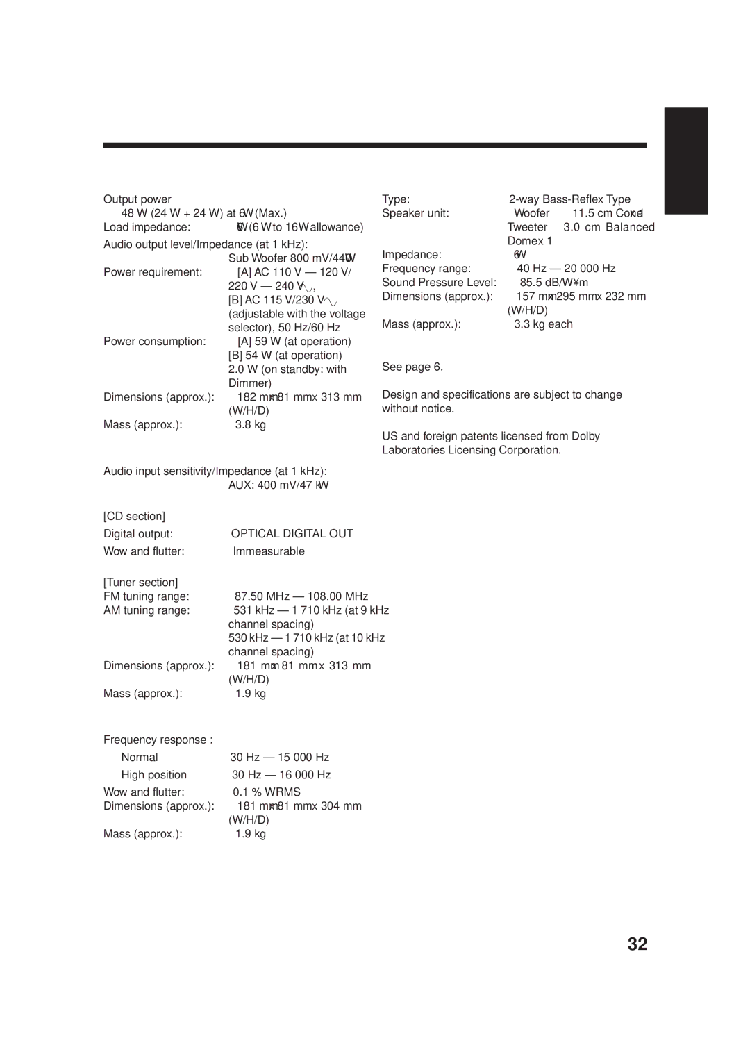 JVC SP-UXG66, TD-UXG66 manual Specifications, Stereo Amplifier AX-UXG66, Speaker System, Supplied Accessories, Cassette Deck 