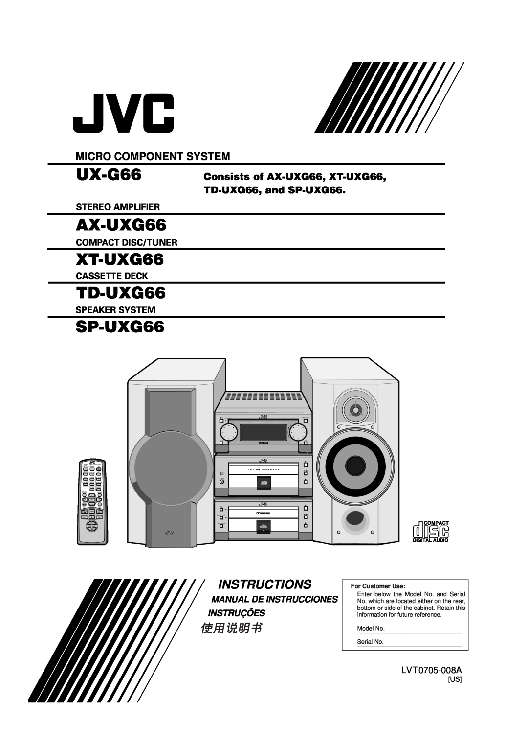 JVC SP-UXG66 manual Micro Component System, UX-G66, AX-UXG66, XT-UXG66, TD-UXG66, Instructions, Stereo Amplifier, Volume 