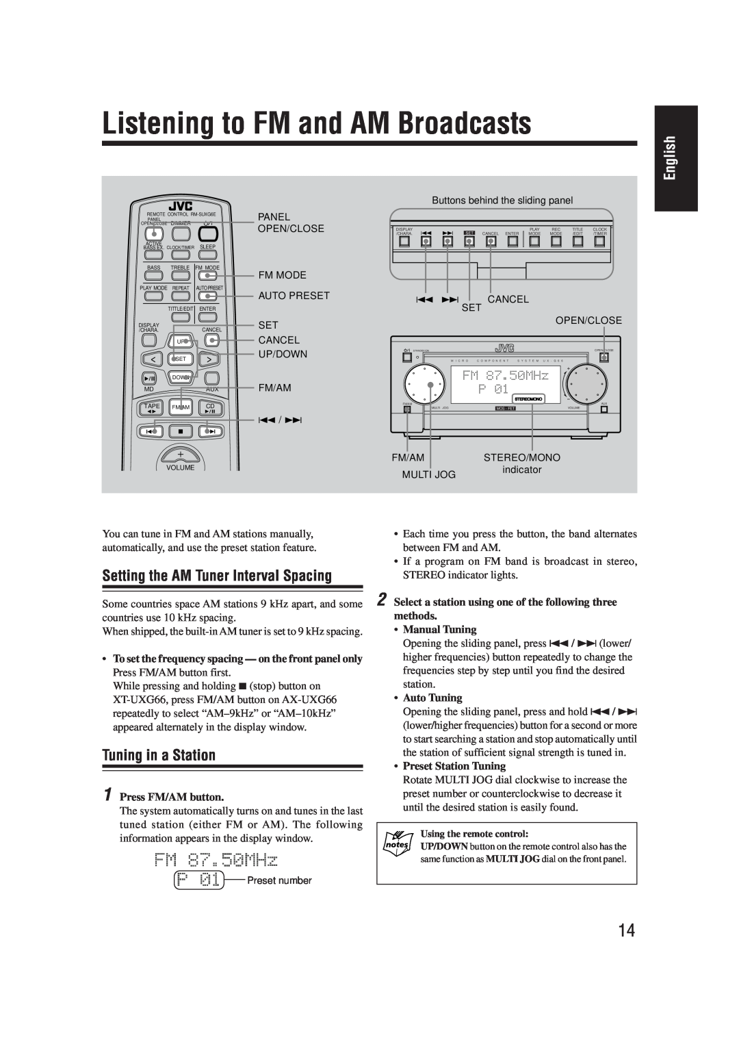 JVC AX-UXG66 manual Listening to FM and AM Broadcasts, Tuning in a Station, Setting the AM Tuner Interval Spacing, English 