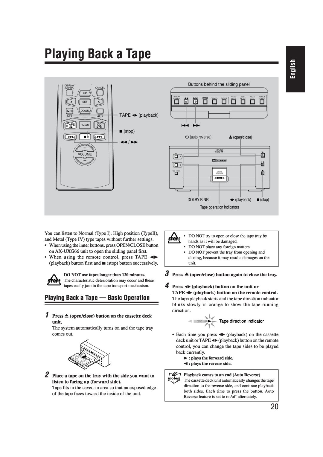 JVC SP-UXG66, TD-UXG66, XT-UXG66 Playing Back a Tape - Basic Operation, English, Press `playback button on the unit or 