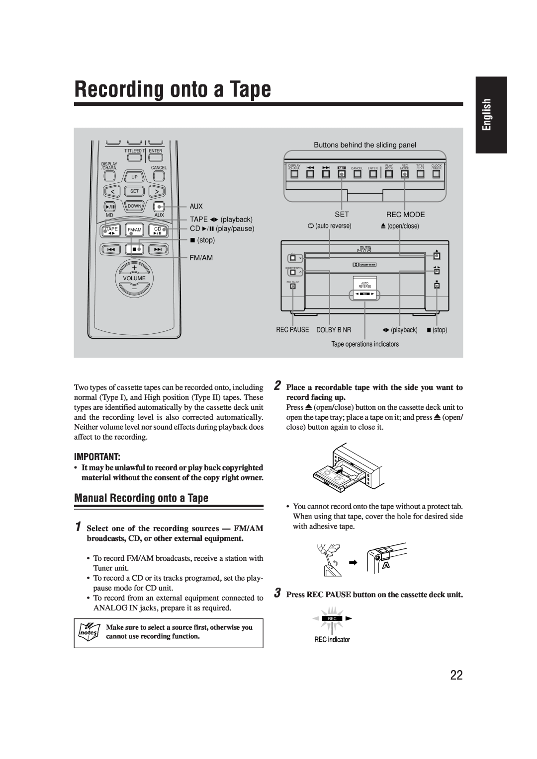 JVC AX-UXG66, TD-UXG66, SP-UXG66, XT-UXG66 manual Manual Recording onto a Tape, English 
