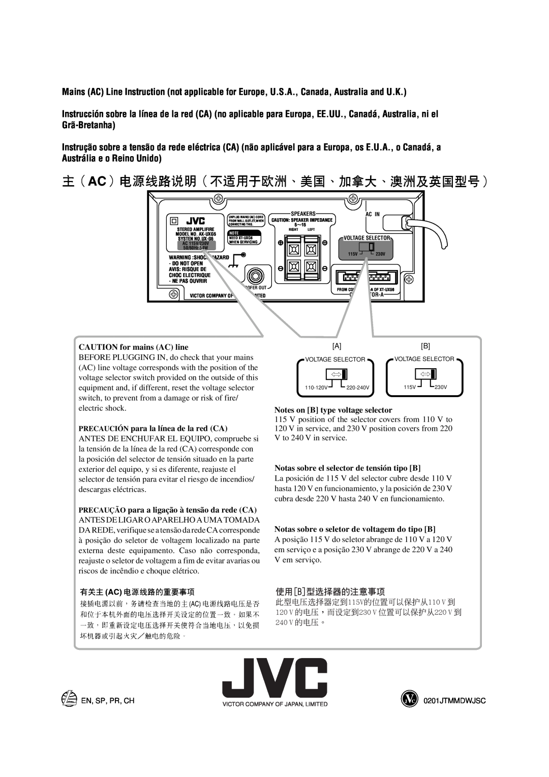 JVC XT-UXG66, TD-UXG66 CAUTION for mains AC line, PRECAUCIÓN para la línea de la red CA, Notes on B type voltage selector 