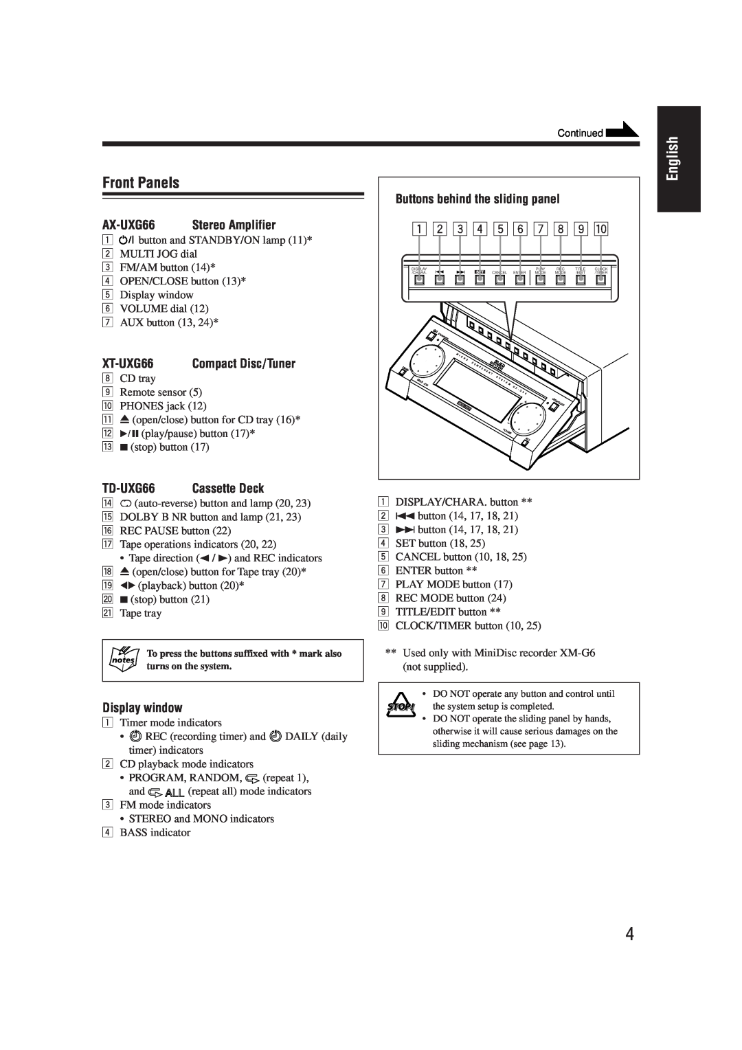 JVC SP-UXG66 Front Panels, English, AX-UXG66, Stereo Amplifier, XT-UXG66, Compact Disc/Tuner, TD-UXG66, Display window 