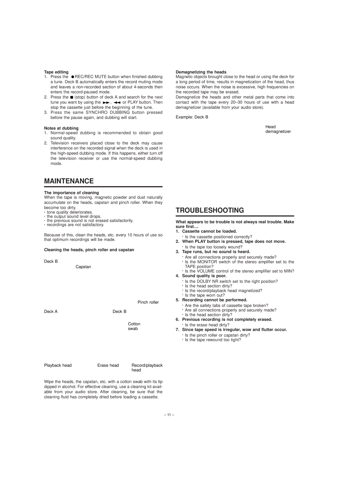 JVC TD-W254 manual Maintenance, Troubleshooting 