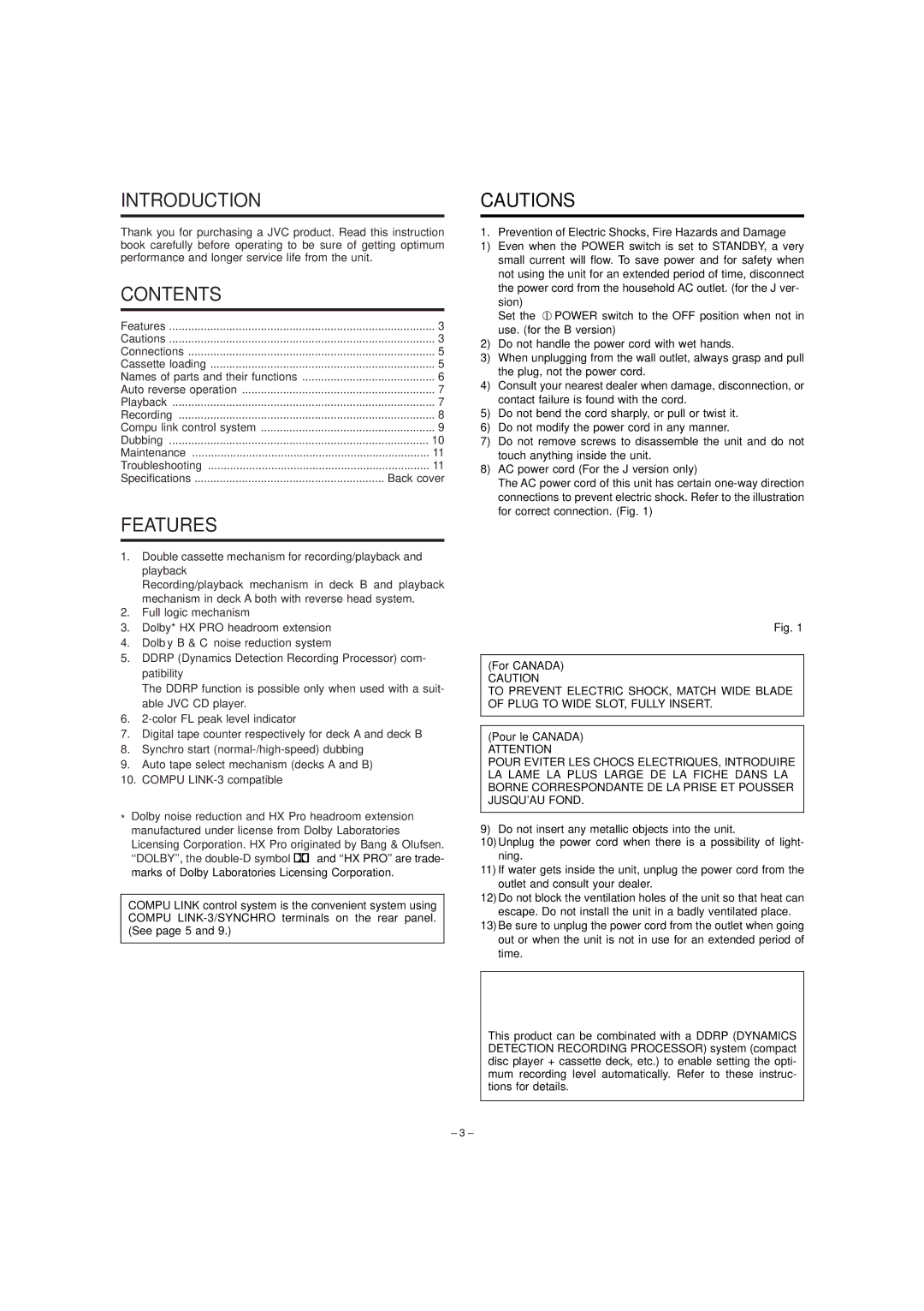 JVC TD-W254 manual Introduction, Contents, Features 