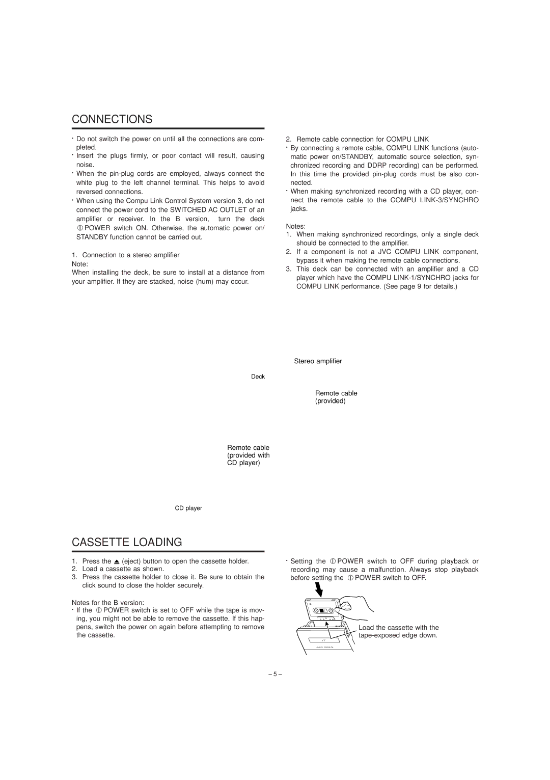 JVC TD-W254 Connections, Cassette Loading, Connection to a stereo amplifier Note, Remote cable connection for Compu Link 