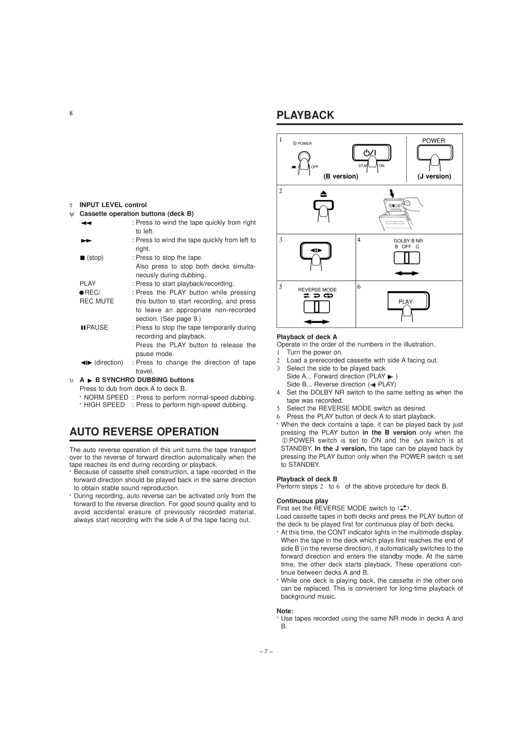 JVC TD-W254 manual Auto Reverse Operation, Playback 