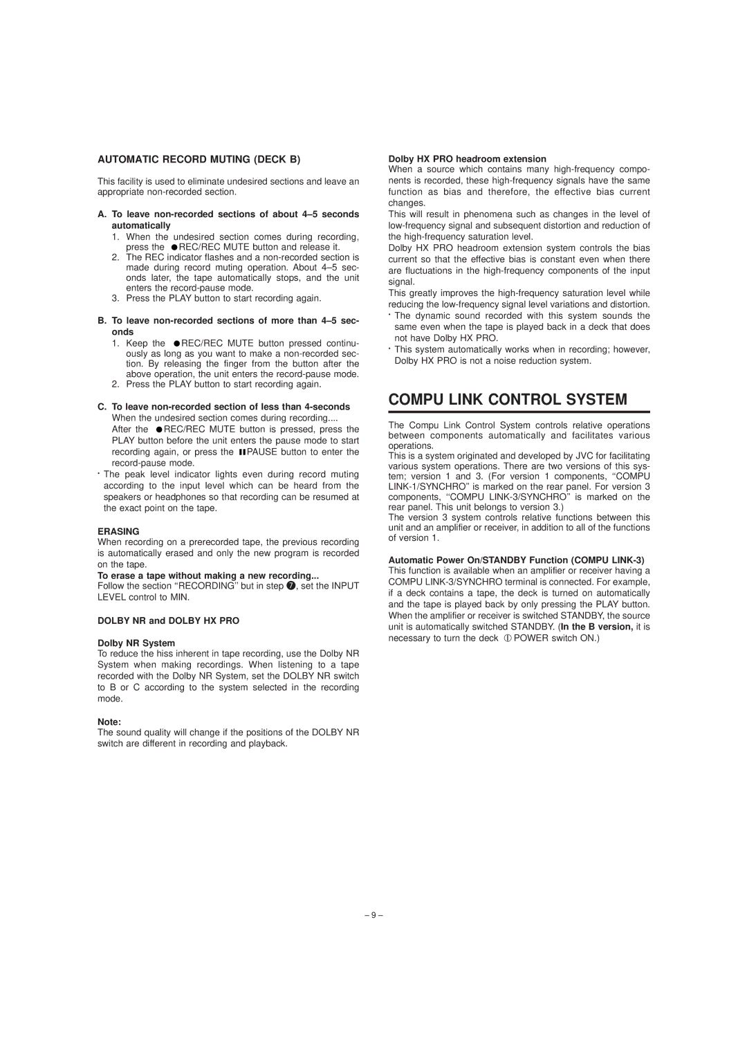 JVC TD-W254 manual Compu Link Control System, To leave non-recorded sections of more than 4±5 sec- onds 